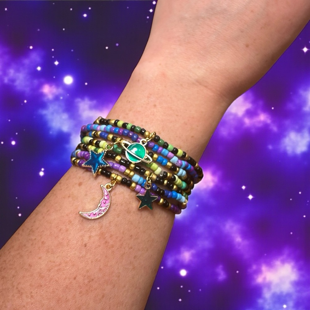 Colorful Beaded Bracelet Set with Space Charms